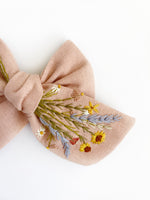 Hand Embroidered Bow - Chunky - Pink - Wildflowers