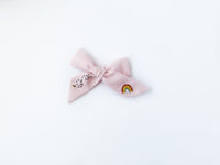 Hand Embroidered Bow - Large Hand Tied - Pink - Rainbow + Bee