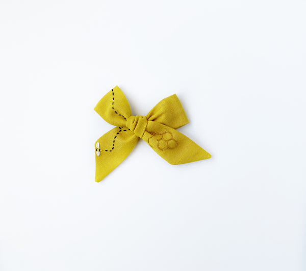 Hand Embroidered Bow - Large Hand Tied - Mustard Yellow - Bee & Honeycomb